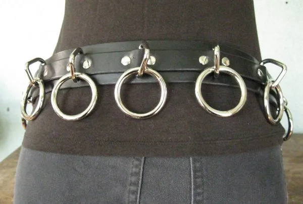 9 Ring Black Leather Bondage Belt