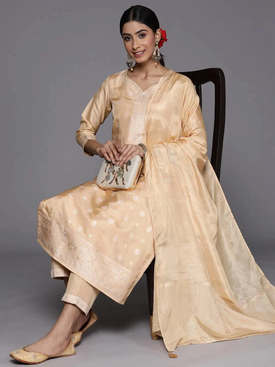 Beige Self Design Silk Blend Straight Kurta With Trousers & Dupatta