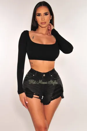 Black Denim High Waisted Ripped Frayed Hem Shorts