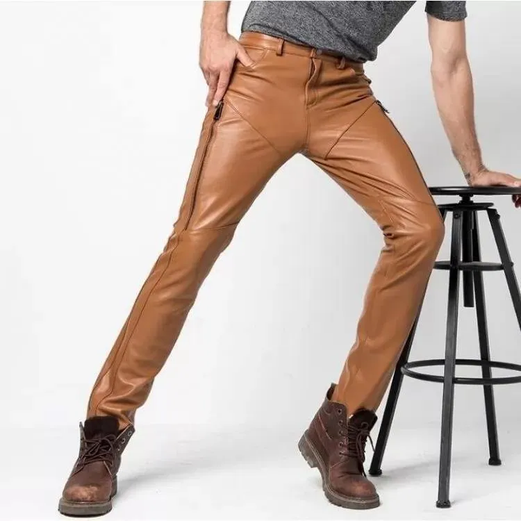 Casual Fashion Genuine Brown Leather Motorcycle Pants for Mens