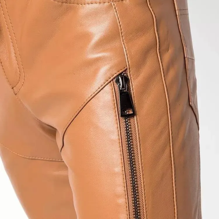 Casual Fashion Genuine Brown Leather Motorcycle Pants for Mens