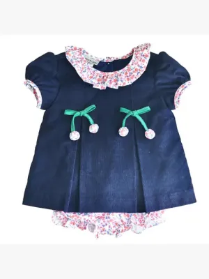 Cherries Floral collar Navy Blue Corduroy Girl diaper set