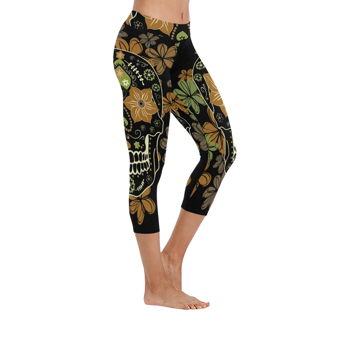 Day of the Dead Colourful Skull with Floral Women's Low Rise Capri Leggings (Invisible Stitch)