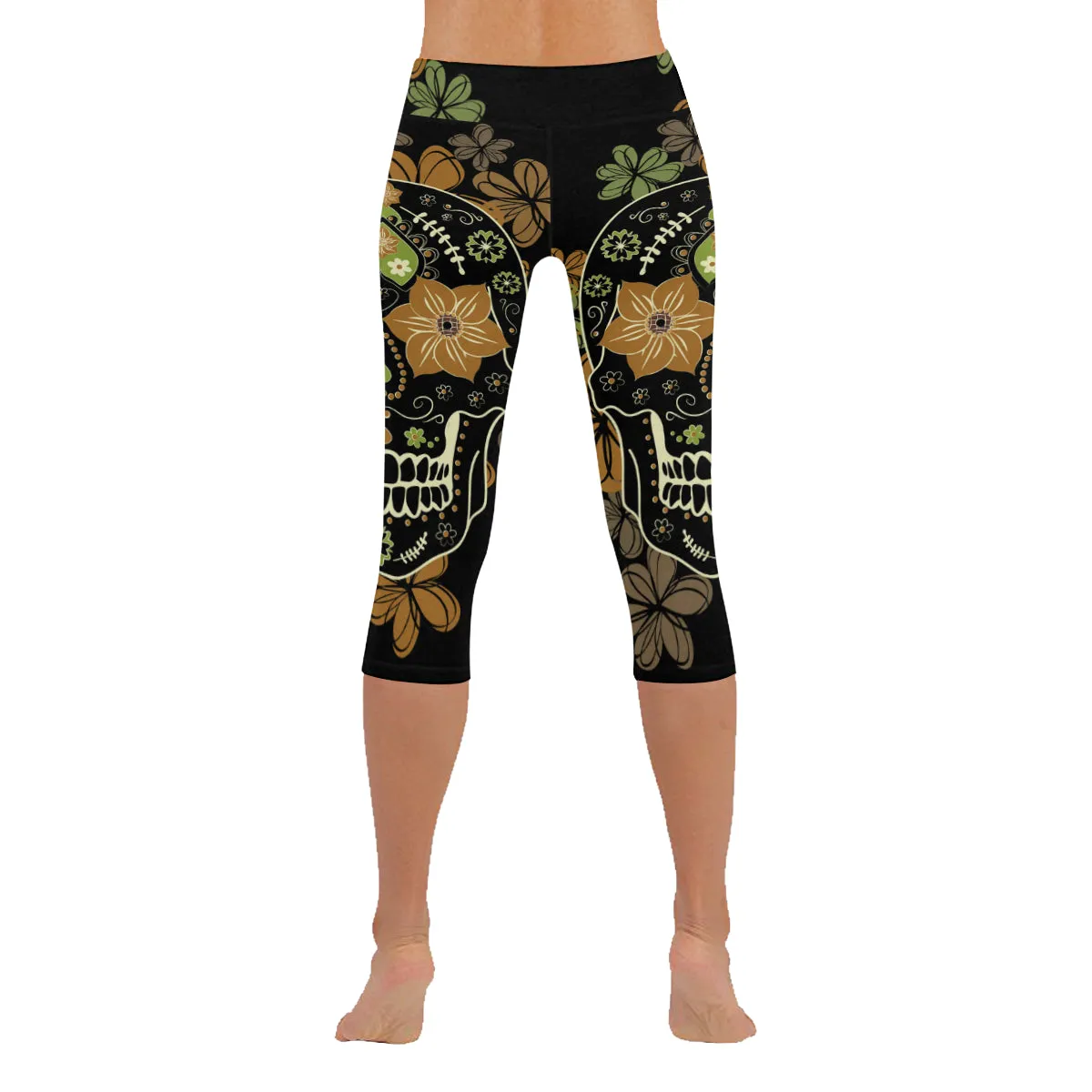 Day of the Dead Colourful Skull with Floral Women's Low Rise Capri Leggings (Invisible Stitch)