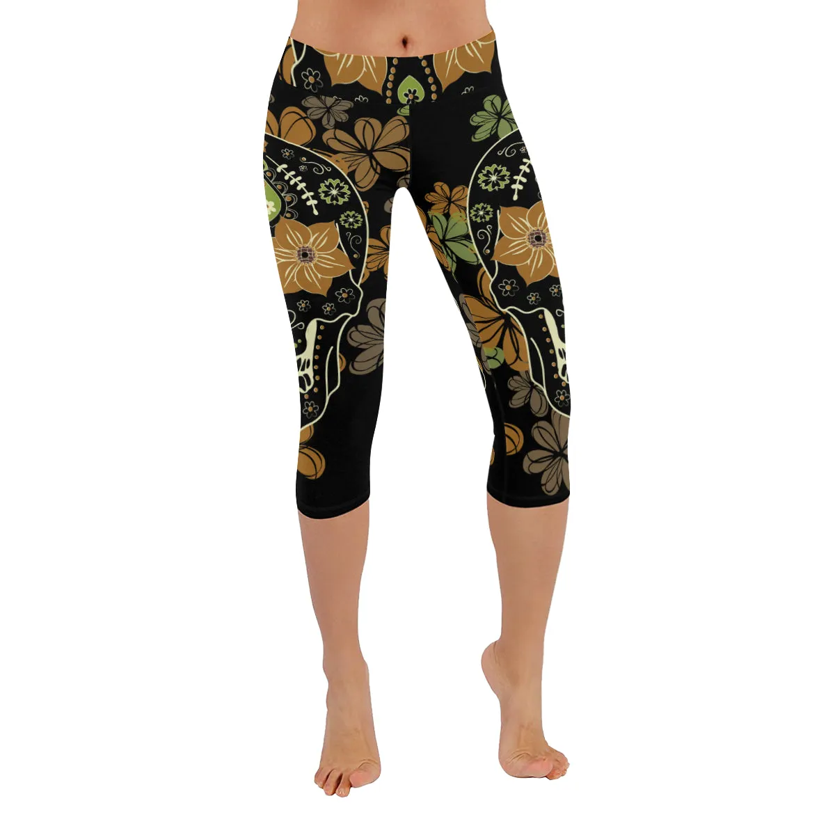 Day of the Dead Colourful Skull with Floral Women's Low Rise Capri Leggings (Invisible Stitch)