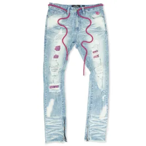 F1756 Denim Jeans w/ Rhinestones & Bottom Leg Zipper - Light Wash/Pink