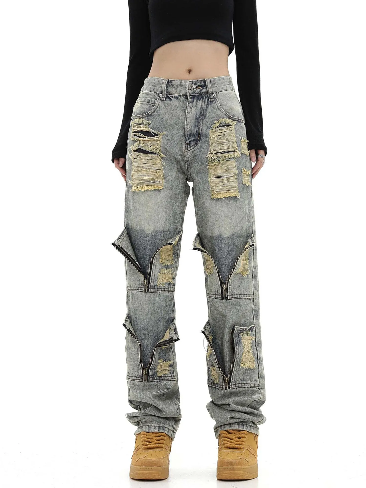 High Street Washed And Torn Work Pockets Denim Pants- 1646