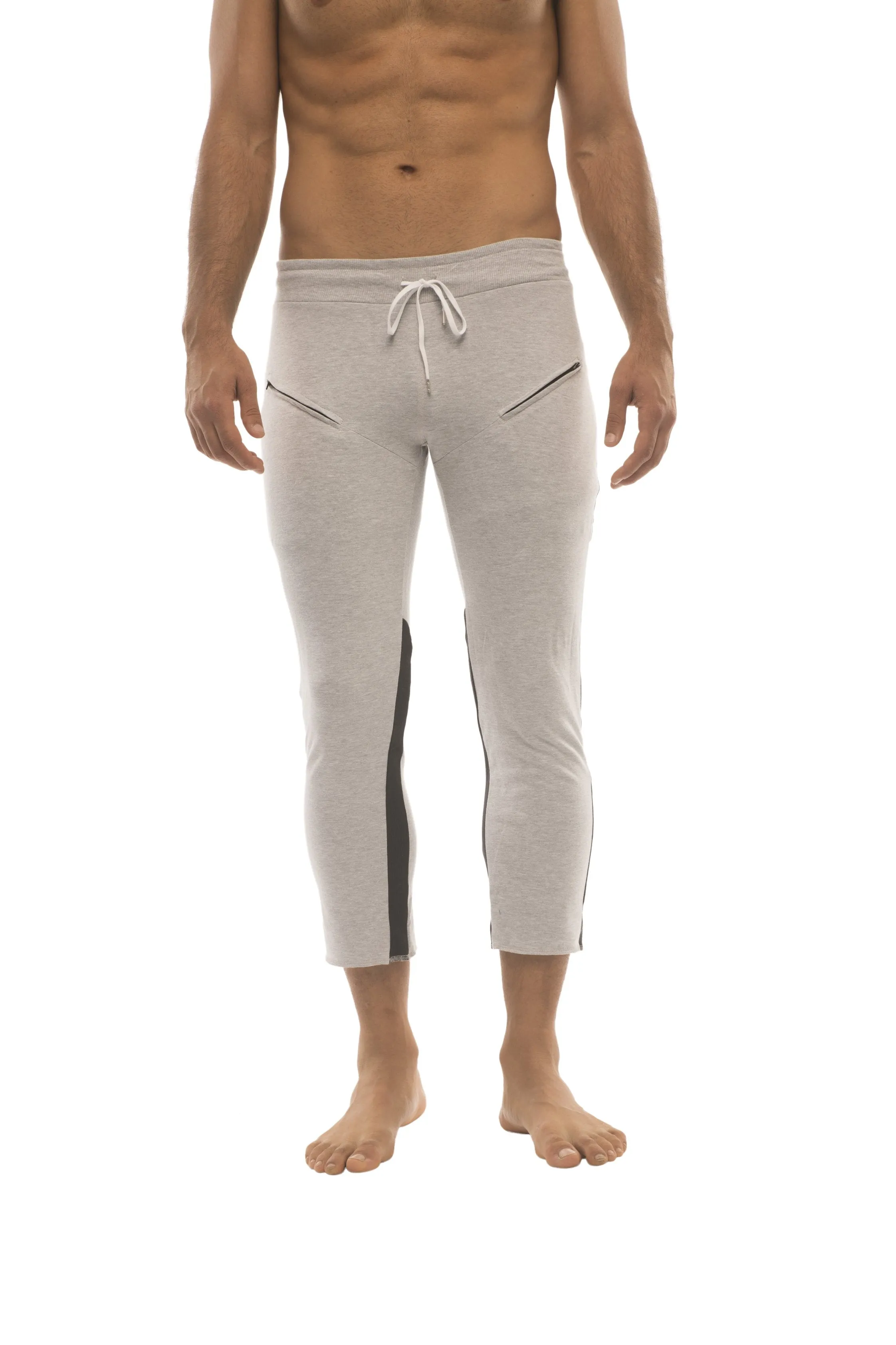 Mens 4/5 Zipper Pocket Capri Yoga Pants (GREY w/Charcoal & Black)