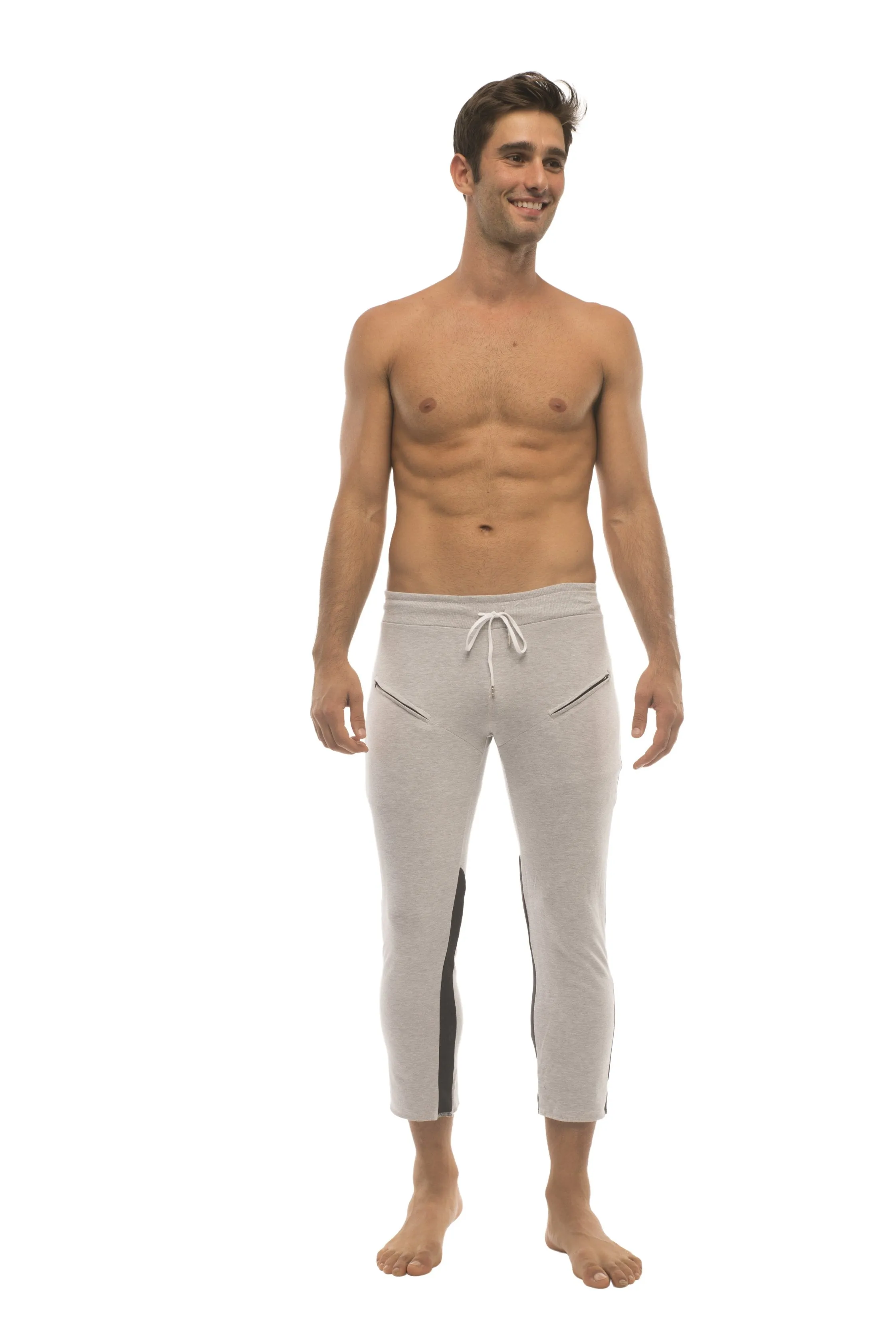 Mens 4/5 Zipper Pocket Capri Yoga Pants (GREY w/Charcoal & Black)