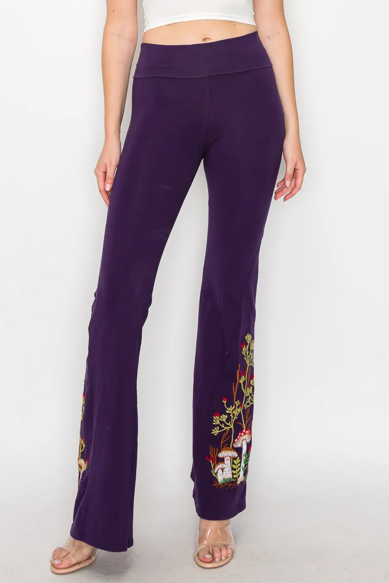 Mushroom Embroidery Bell Bottom Pants