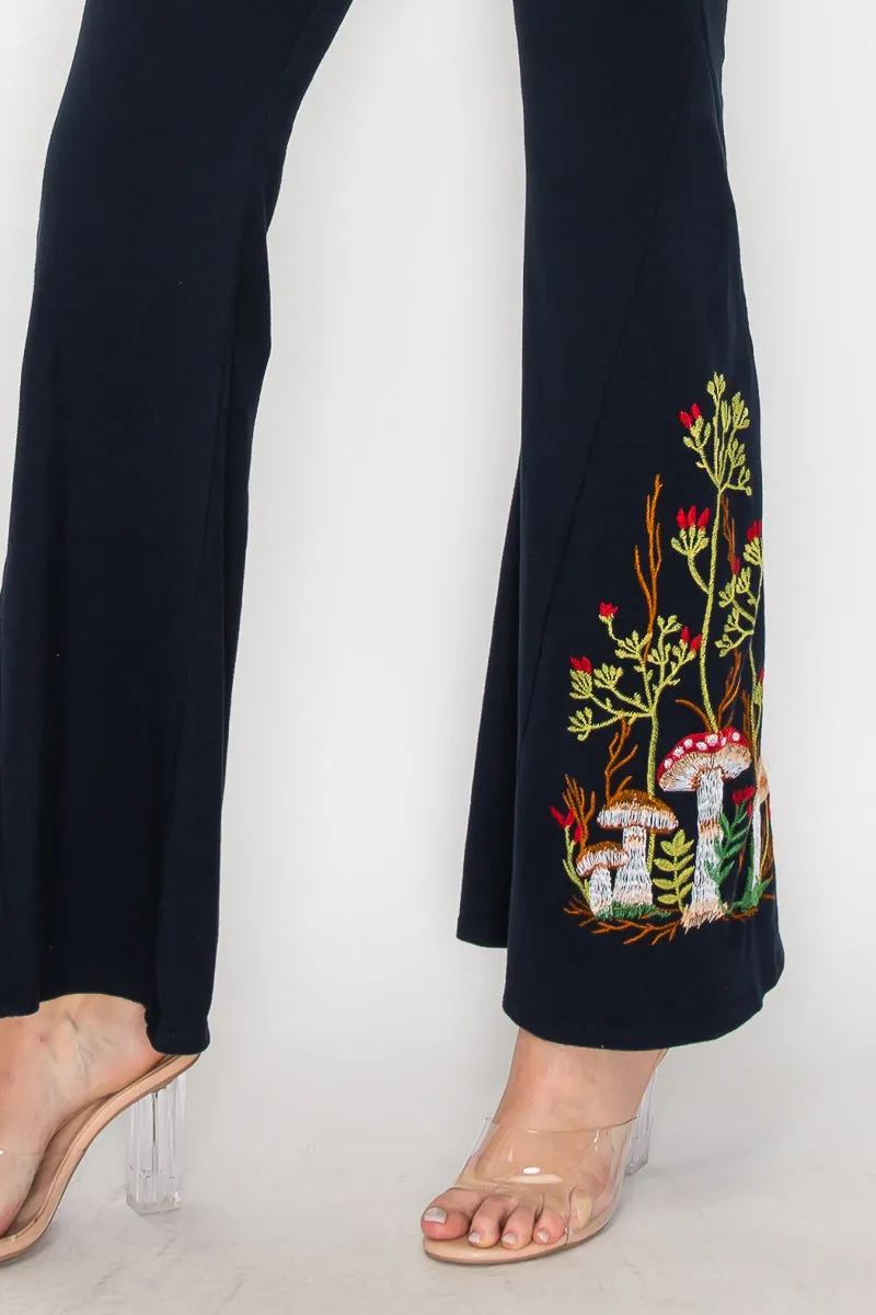 Mushroom Embroidery Bell Bottom Pants