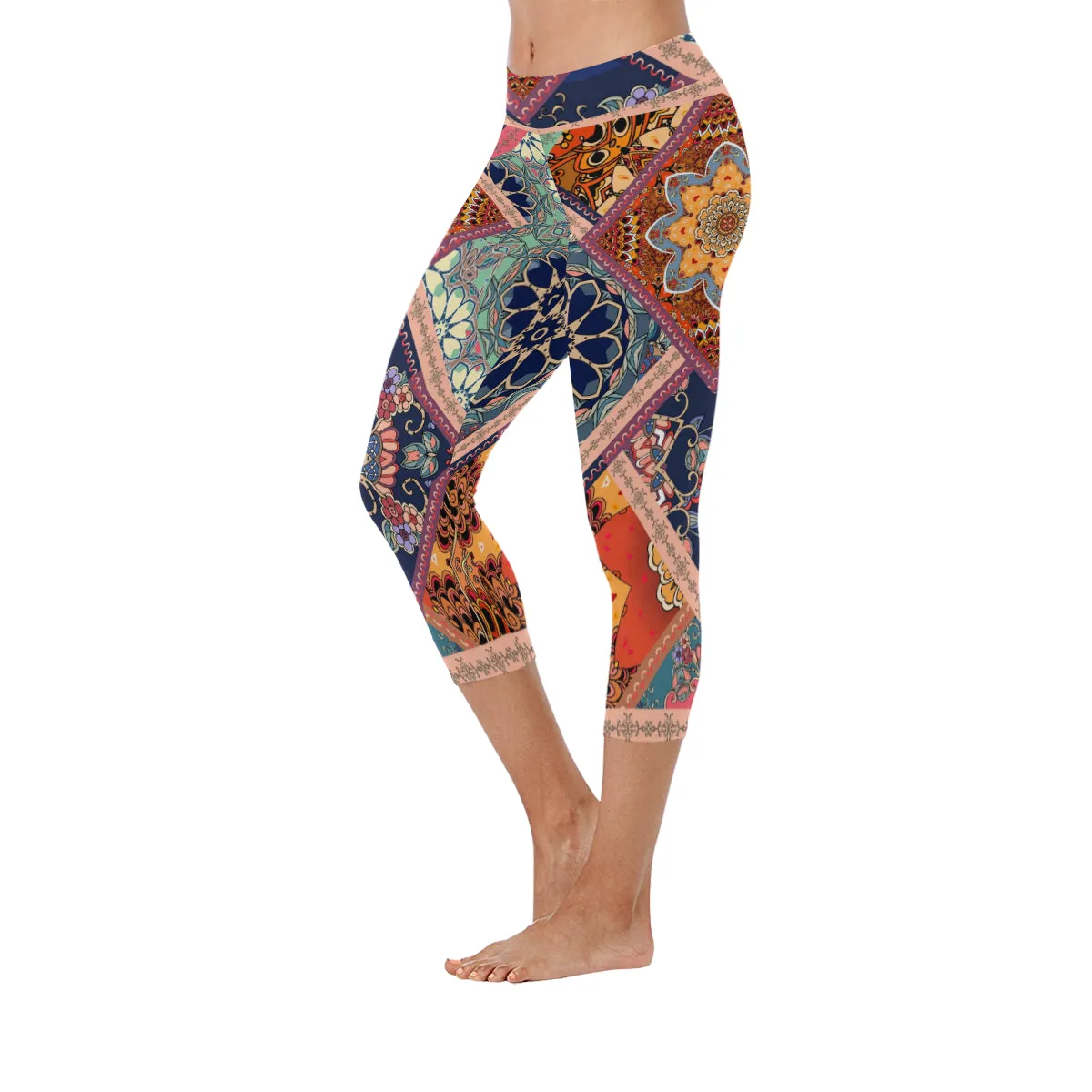 Pattern with Flowers Mandalas Women's Low Rise Capri Leggings (Invisible Stitch)