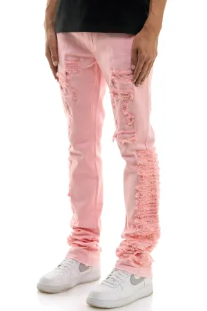 Ripped Patched Skinny Pink Men's Stacked Jeans