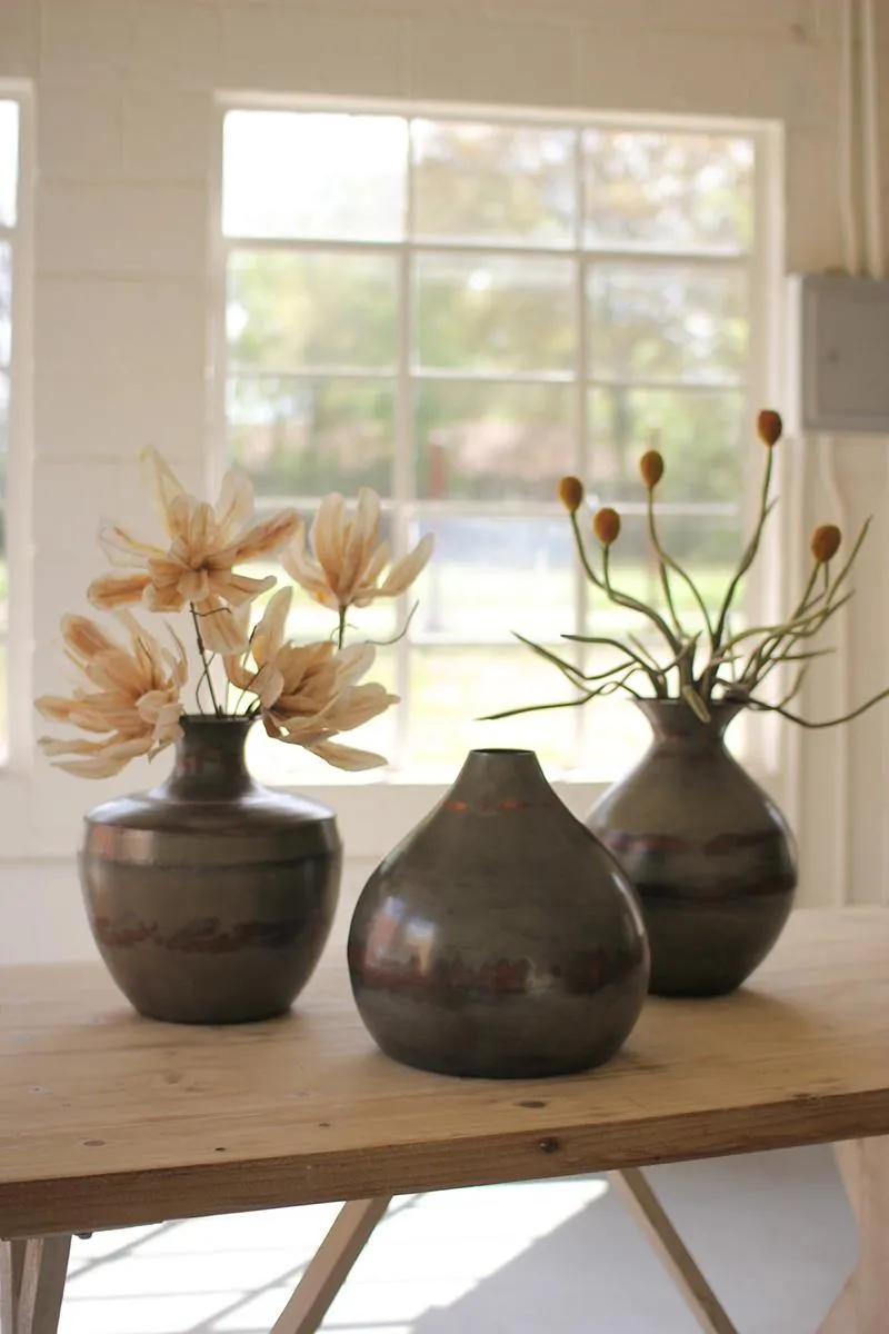 Set of 3 Raw Metal Vases with Copper Detail