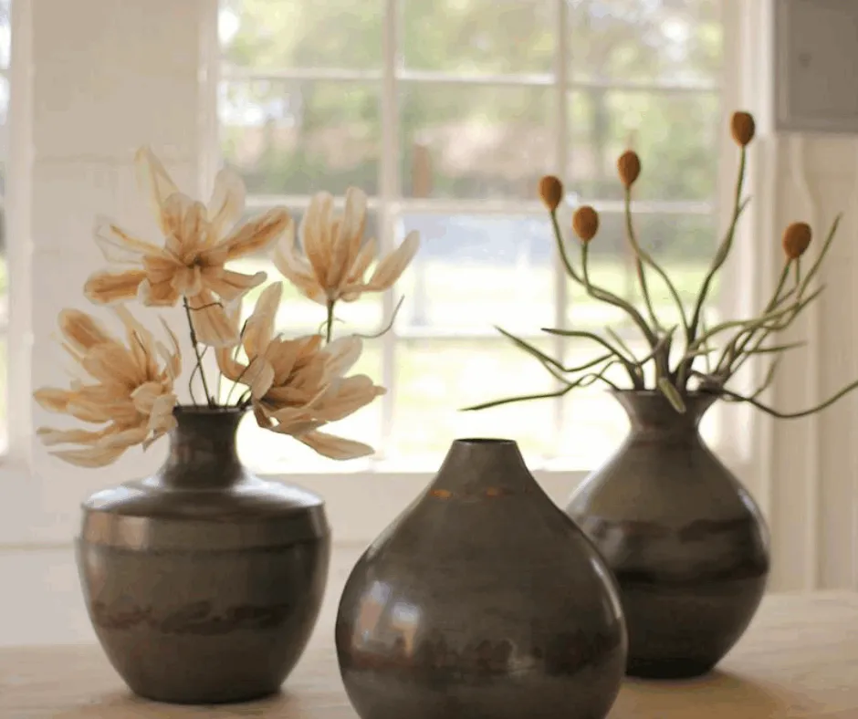 Set of 3 Raw Metal Vases with Copper Detail