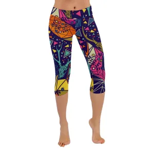 Skull with Floral and Polygonal Ornament Women's Low Rise Capri Leggings (Invisible Stitch)