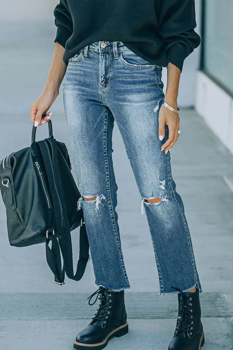 Street Solid Ripped Straight Denim Jeans