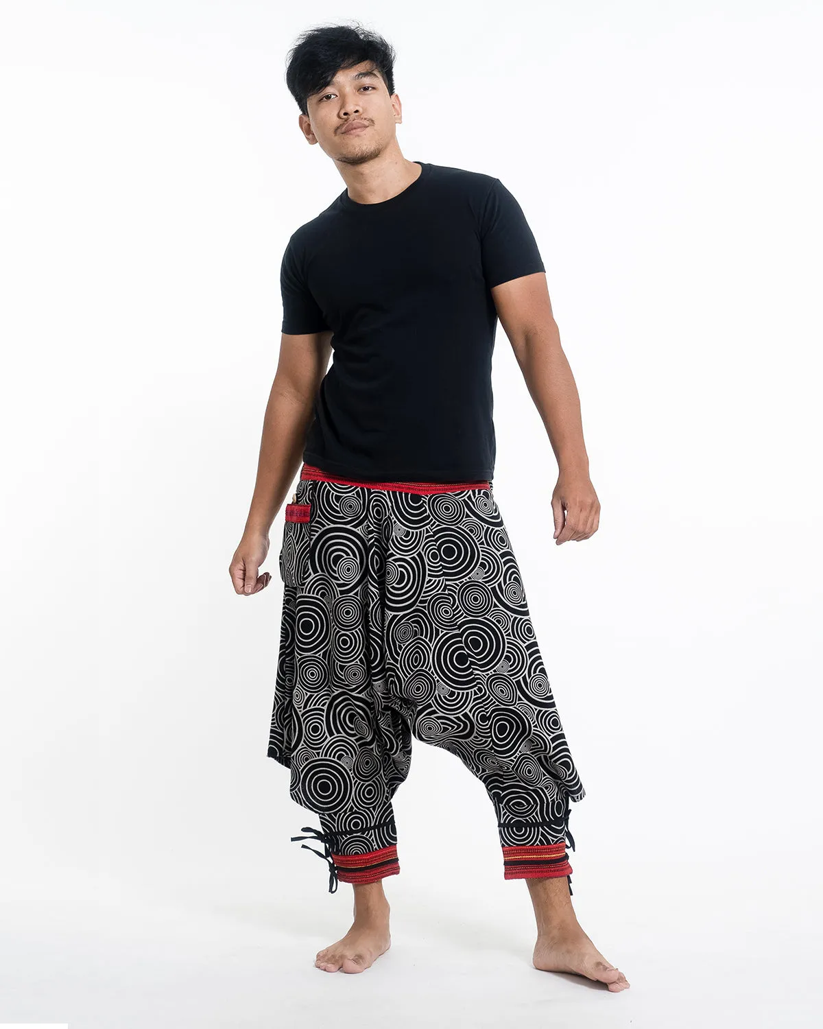 Swirls Prints Thai Hill Tribe Fabric Drop Crotch Harem Pants with Ankle Straps in Black