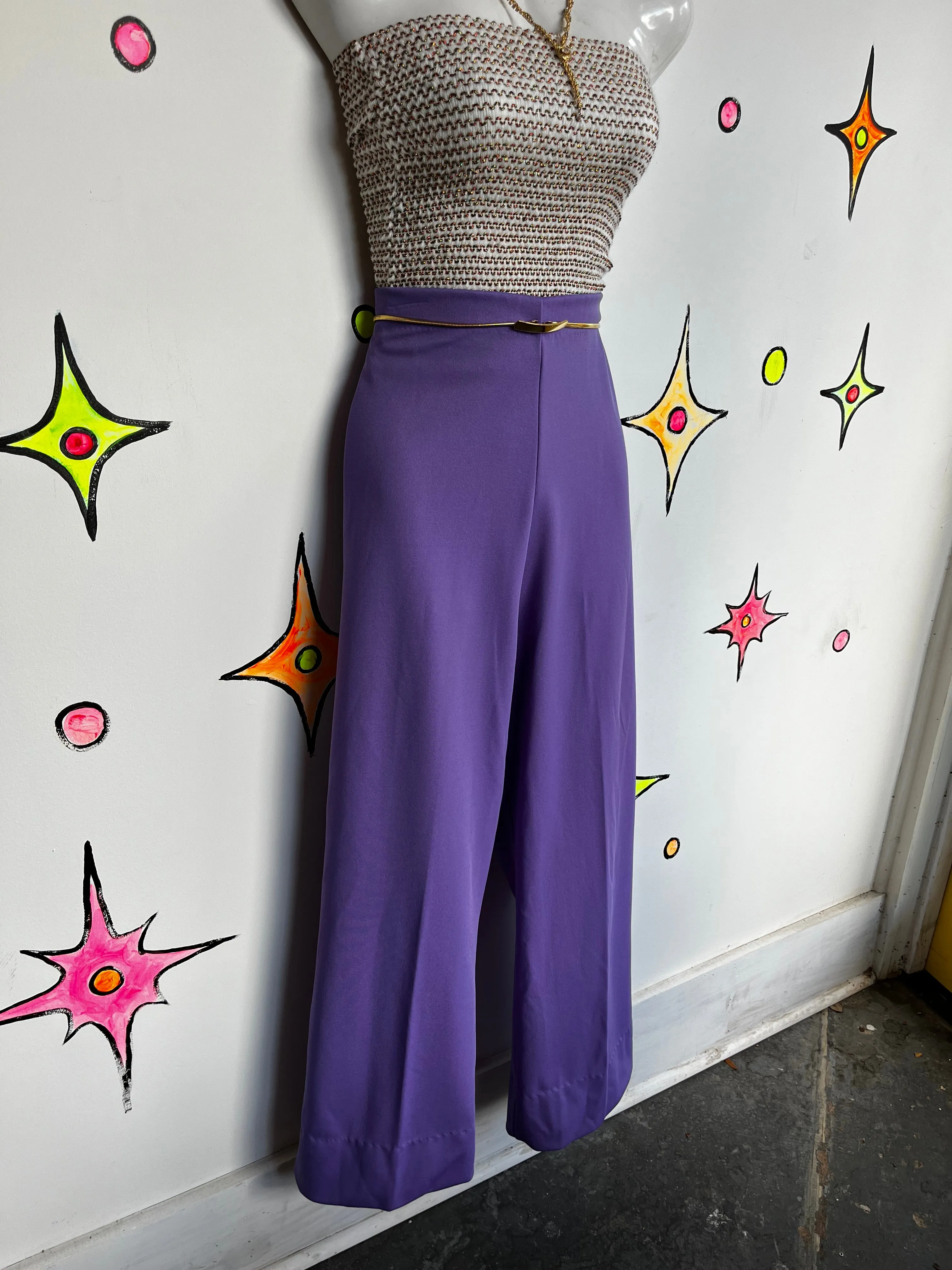 Vintage 1970s | 70s Purple Groovy Disco Wide Leg Polyester Bells | L