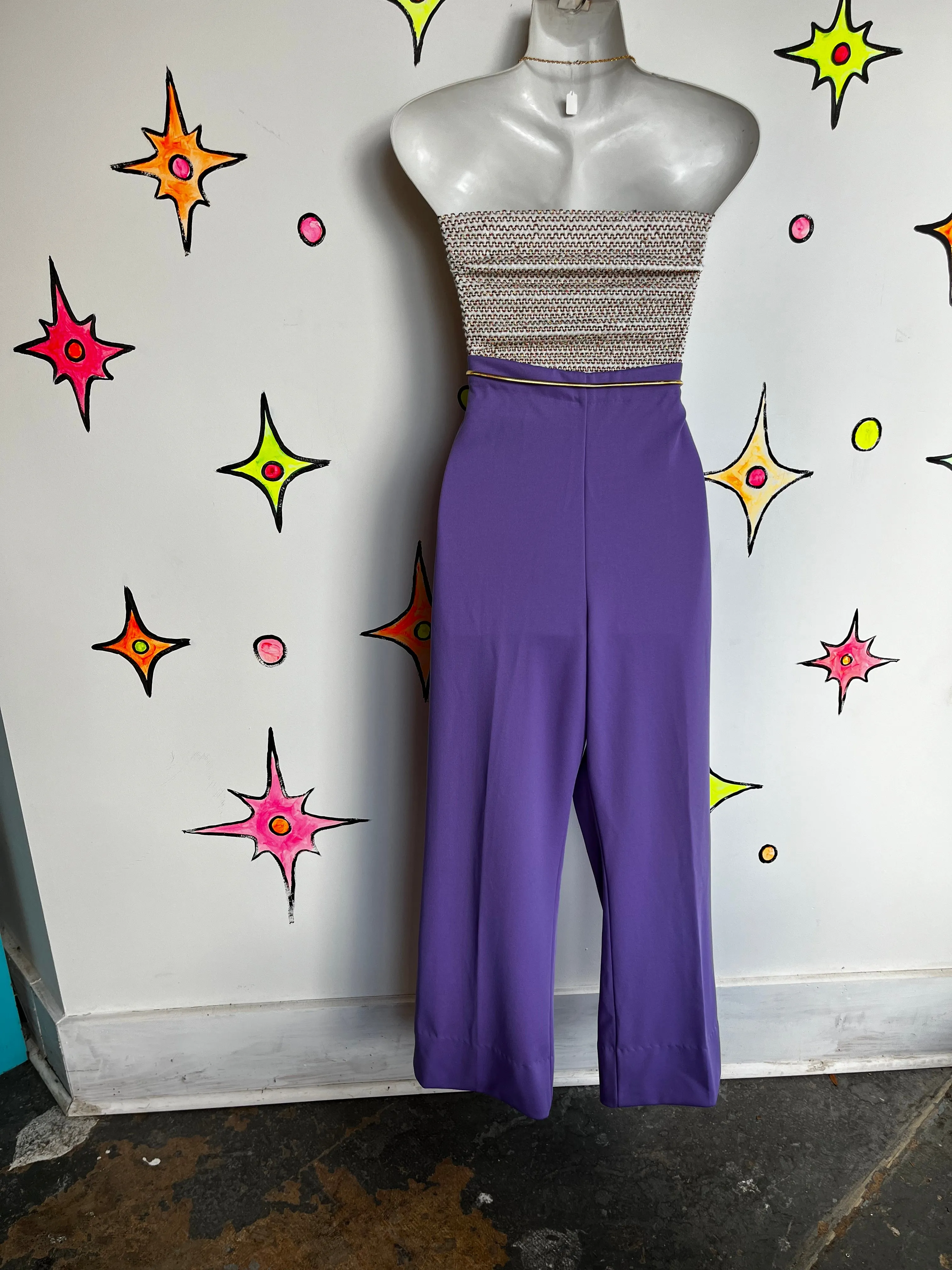 Vintage 1970s | 70s Purple Groovy Disco Wide Leg Polyester Bells | L