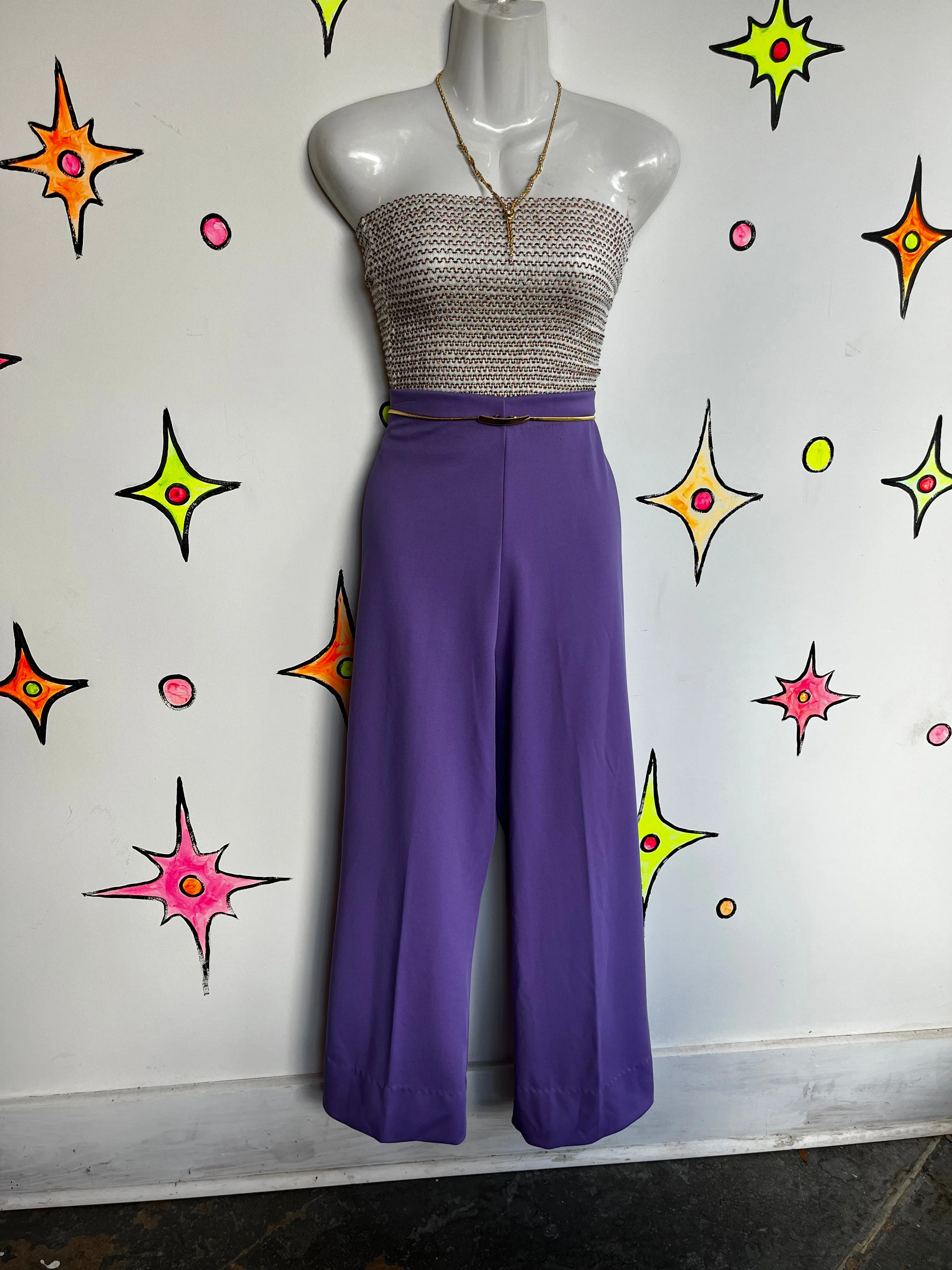 Vintage 1970s | 70s Purple Groovy Disco Wide Leg Polyester Bells | L