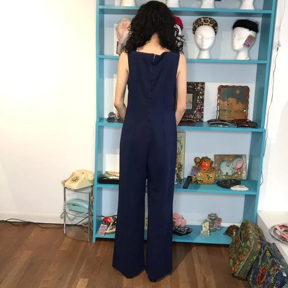 Vintage 1970s | Navy Blue Groovy Mod Disco Wide Leg Bellbottoms Jumpsuit | M/L