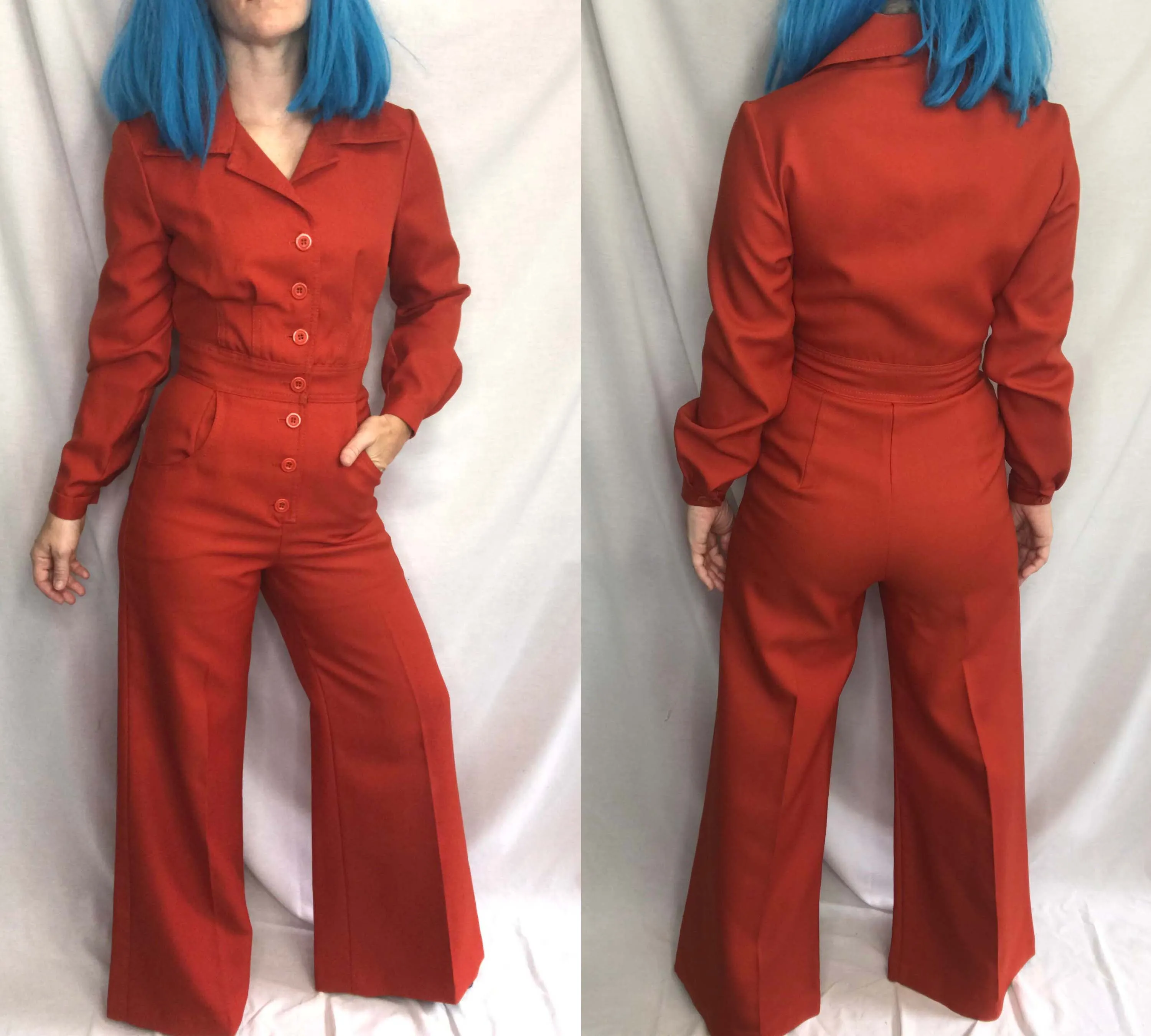 Vintage 1970s | Orange Groovy Mod Zip Up Disco Wide Leg Bellbottoms Jumpsuit | S