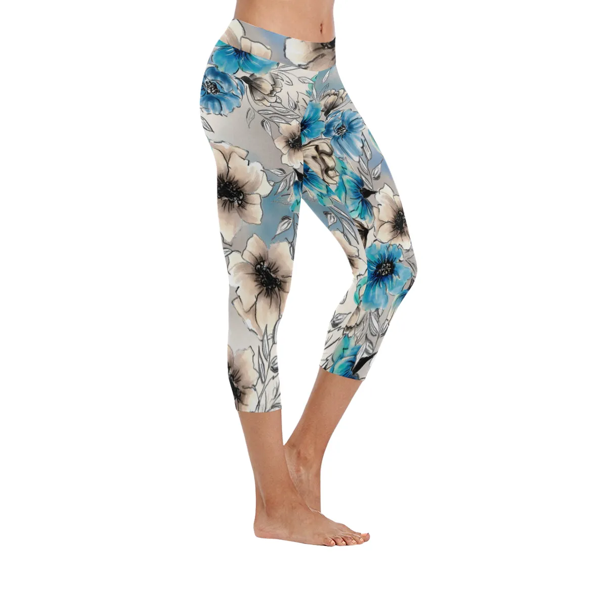 Watercolor Flower Women's Low Rise Capri Leggings (Invisible Stitch)