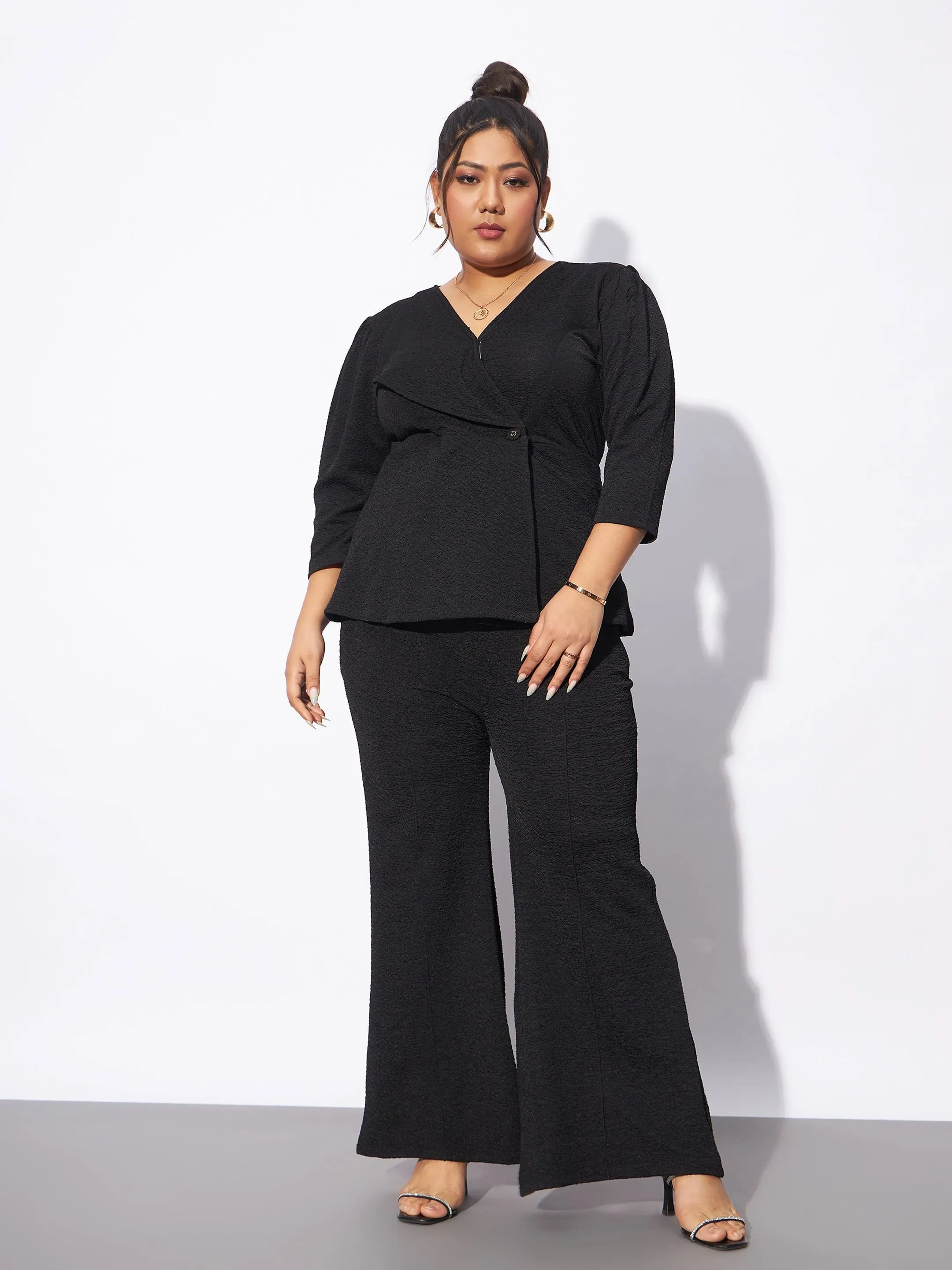 Women Black Wrap Top With Straight Pants