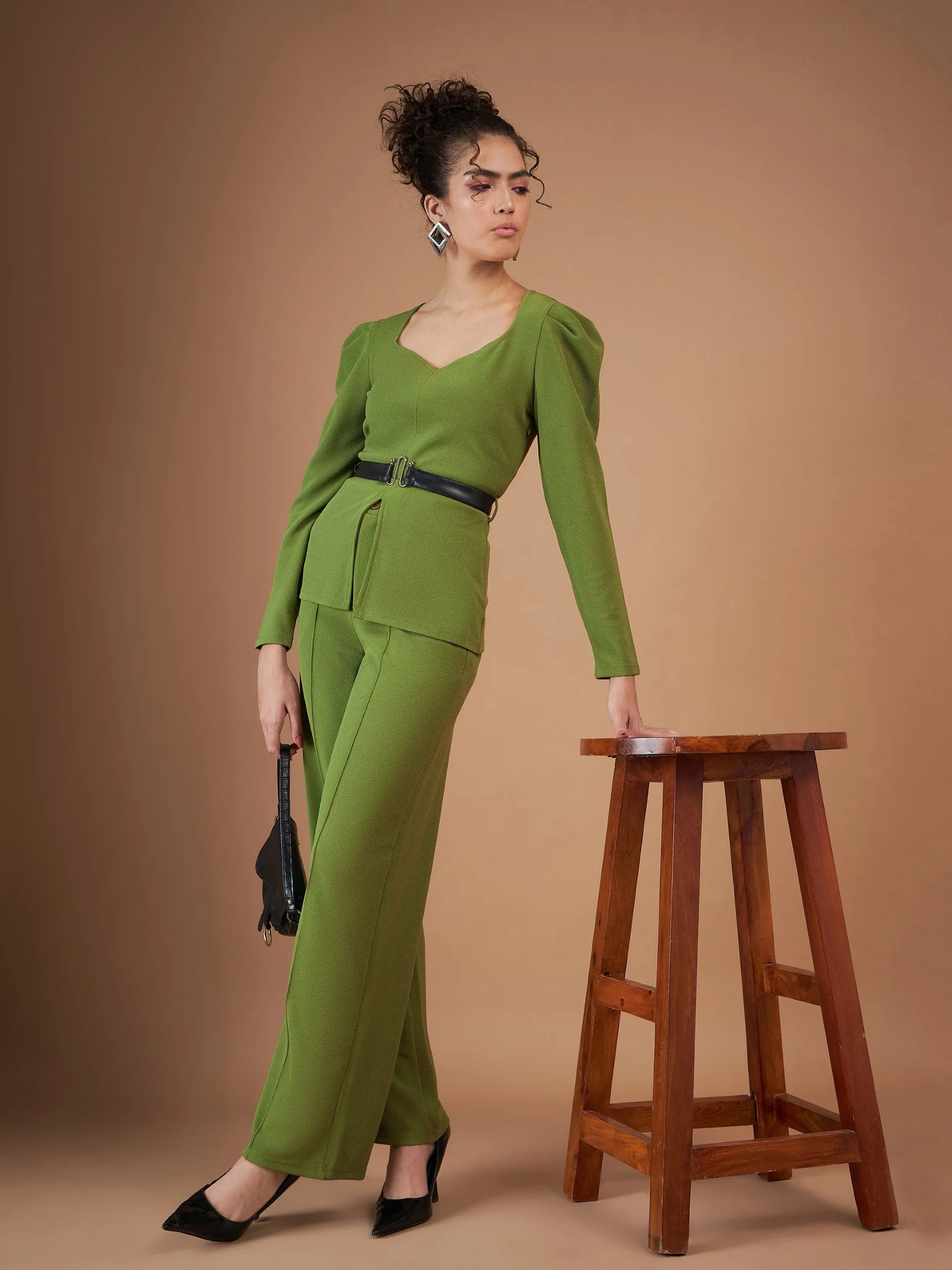 Women Green Belted Peplum Top With Darted Straight Pants