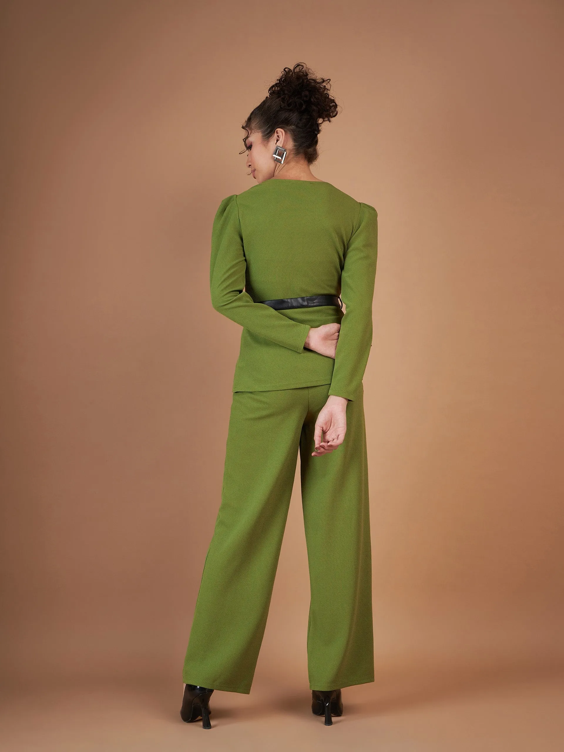 Women Green Belted Peplum Top With Darted Straight Pants