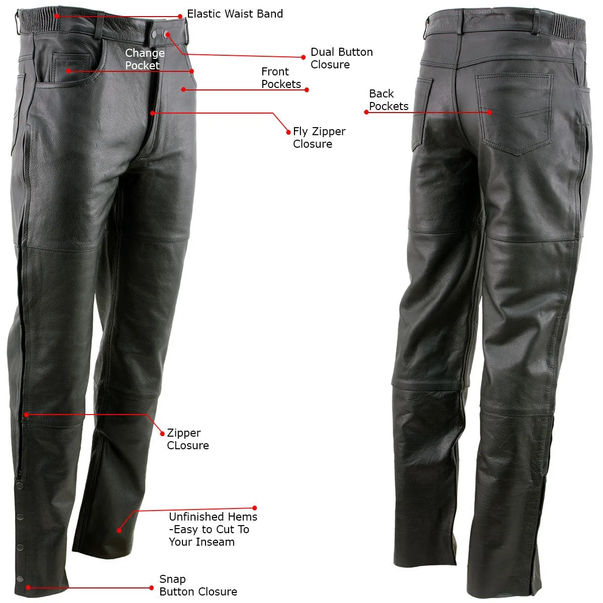 Xelement B7470 Men's Black Premium Leather Motorcycle Overpants with Side Zipper and Snaps