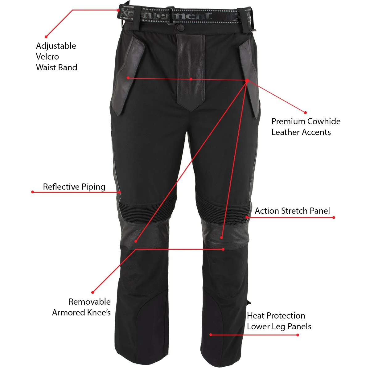 Xelement CF2131 Men’s ‘Road Racer’ Black Tri-Tex and Leather Motorcycle Racing Pants with X-Armor Protection